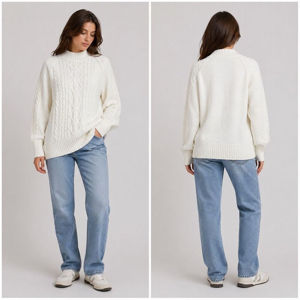 NWOT Solid White Cable Knit Long Balloon Sleeve Mock Turtle Neck Sweater size M